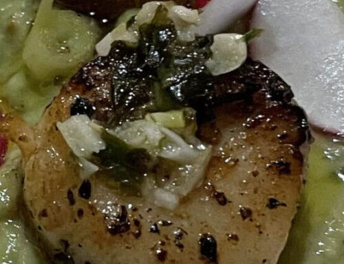 Pan Seared Herbaceous Scallops over Avacado Cream